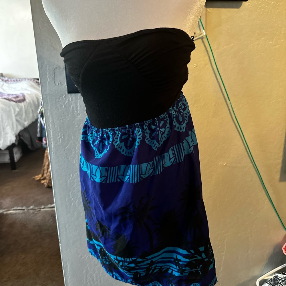 Roxy Strapless Black & Blue Print Mini Dress